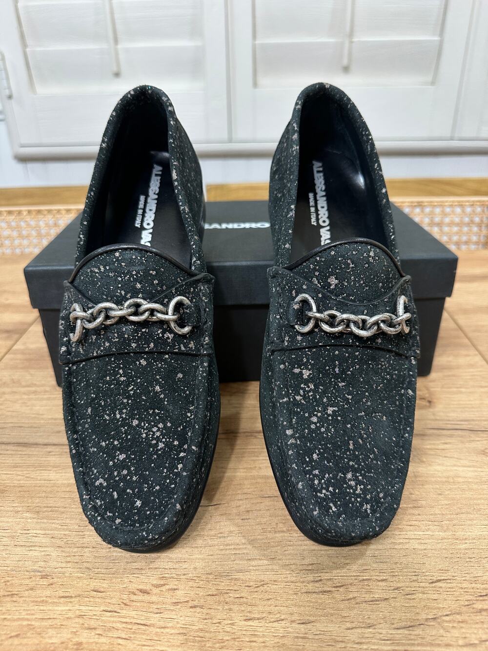 Alessandro Vasini Portofino Loafers Black Silver Calfskin Size US 38 NIB Luxury